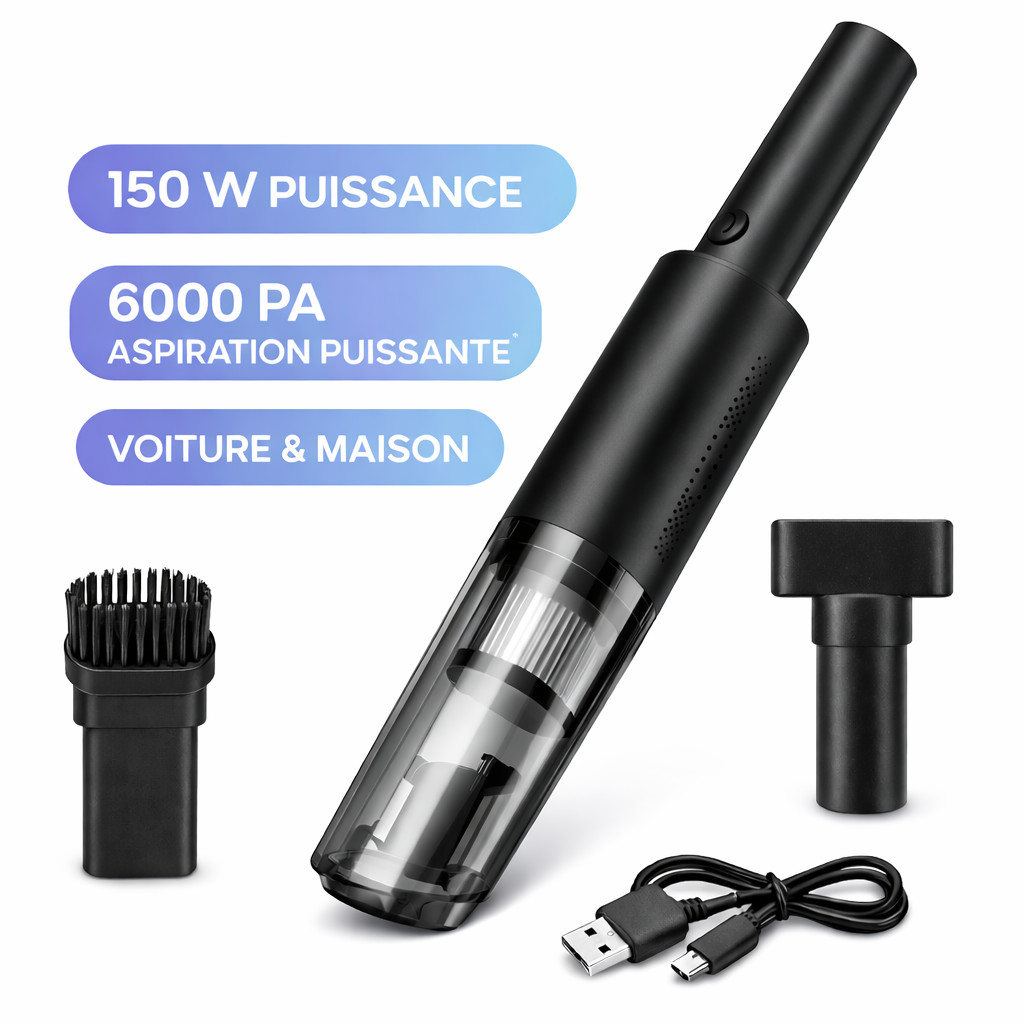 Aspirateur voiture sans fil 6000 Pa noir puissant pour un nettoyage rapide de vos sièges