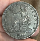 1877-P $1 TRADE SILVER ONE DOLLAR Toned Original Rare XF+ Details Rev. Graffiti