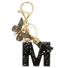 Initial Letter Keychain, Cute Butterfly Keychain with Tassel Letter M, Black