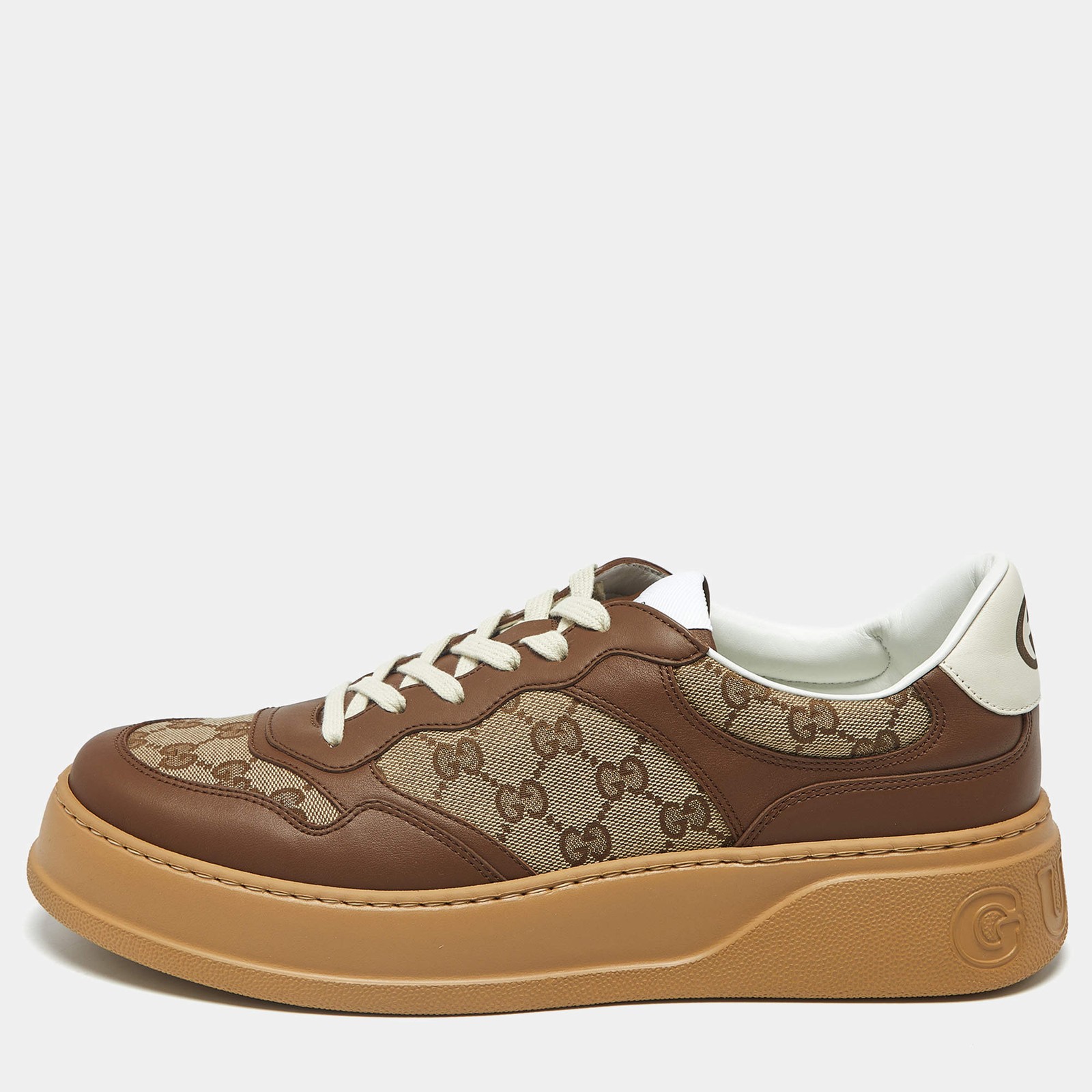 Gucci GG Supreme Size 44 Brown Canvas and Leather Lace Up Sneakers