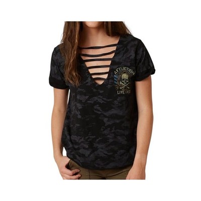 Affliction Black Ace T-Shirt, Camo Print W/ Cutout Deep V-Neckline, Size Small,