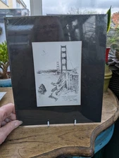 Golden Gate Bridge, San Fran 22x27cm Pencil Drawing mounted print 1977-Don Davey