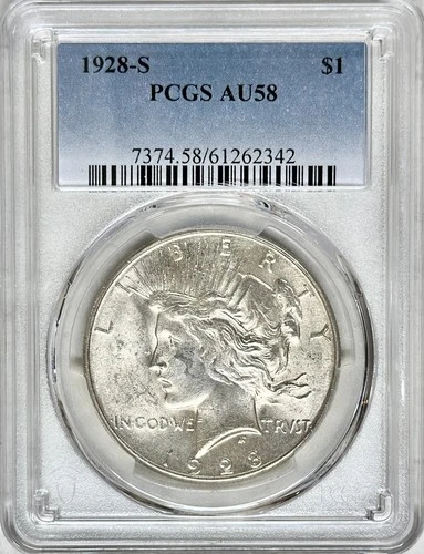 1928 S PEACE SILVER DOLLAR PCGS AU58