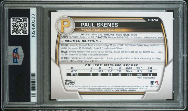 2023 Bowman Draft Paul Skenes #BD-14 RC Rookie PSA 10 Pirates view 2