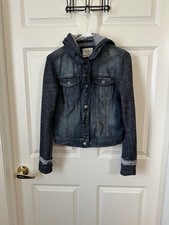 MUDD Denim Jacket Womens M Trucker Sweater Sleeves Hoodie Dark Wash Distressed