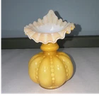Fenton Yellow White Glossy Ruffled Art Glass Vase with Decorative Ruffled Rim