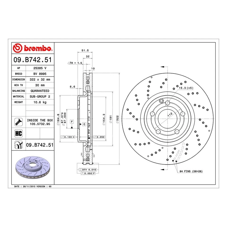 For Mercedes-Benz CLS400 15-17 UV Coated Series Drilled Vented Front Brake Rotor - Imagem 4 de 4