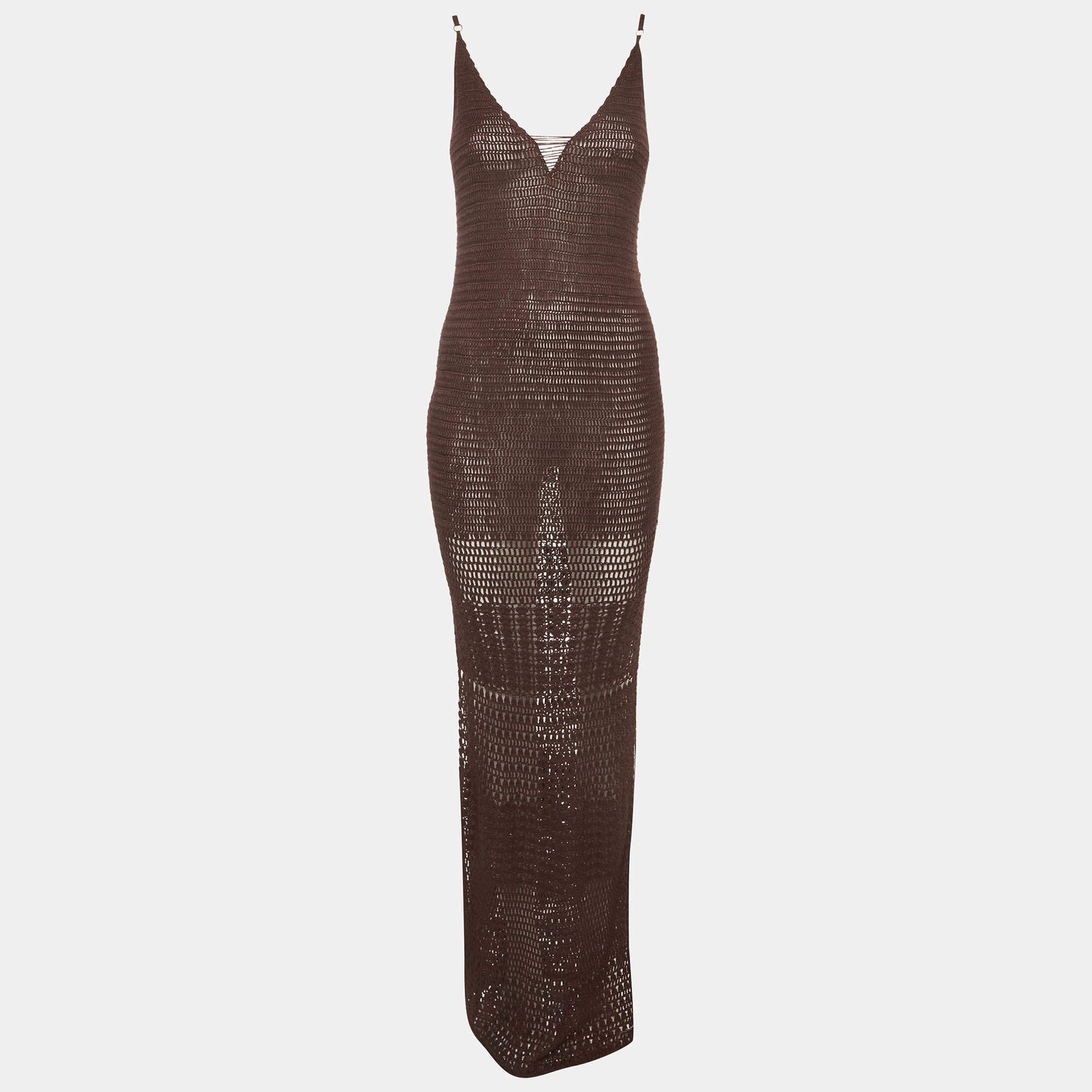 Flook The Label Brown Crochet Knit Strappy Sheer Kaira Dress S