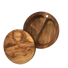 New NWT Olive Wood Double Salt Cellar with Swivel Magnetic Lid, Round