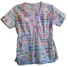 UA Scrubs Women's Scrub Small Multicolor Vneck Cotton Blend Kindness Words Print