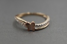 14K Solid Yellow Gold Multi Tone Small Butterfly With Wavy CZ Band Ring. Size 7