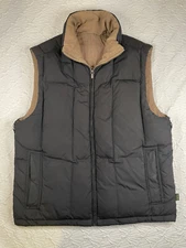 Eddie Bauer Mens Size M Reversible Goose Down Puffer Vest Black/ Tan Stripe