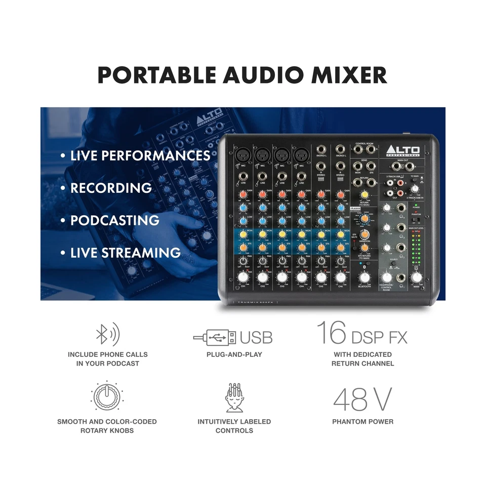 Alto TrueMix 800FX Audio Mixer with 4 XLR Mic Ins, USB Audio Interface and Bl... - Image 2 of 4