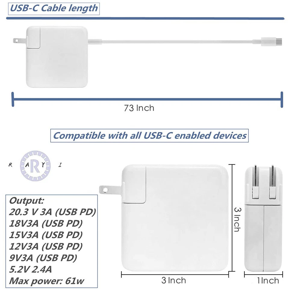 61W USB C Type C Adapter MacBook Pro 13'' A1708 2016 2017 2018 2019 2020 Charger - Image 3 of 4