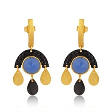 Blue Chalcedony Gemstone Black and Gold Plated 925 Silver Handmade Earrings