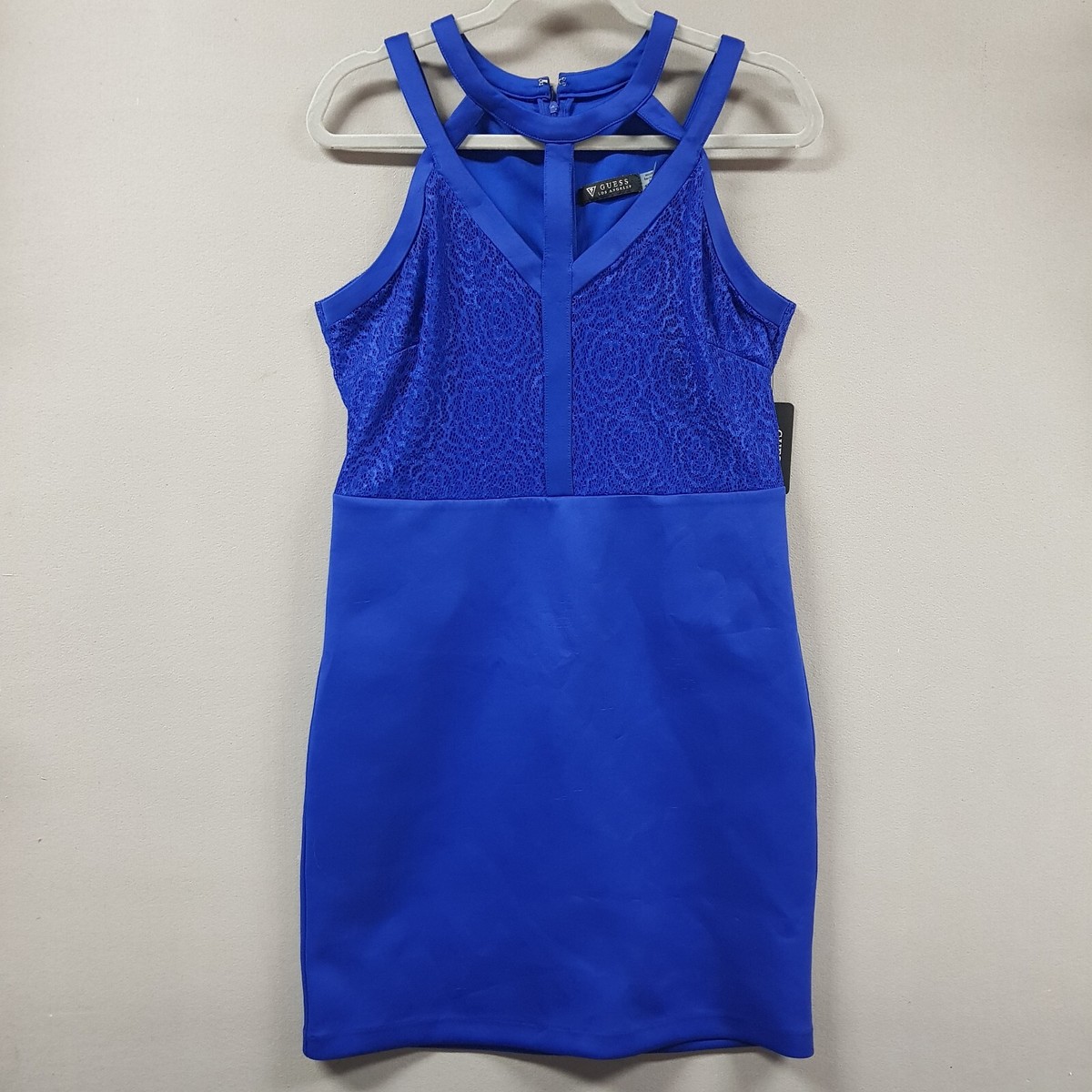 Guess Sheath Dress Women's size 14 Blue Lace Bodice Cut Out Neckline Stretch