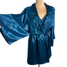 Vtg 80s Val Mode Lingerie Set Large Robe Chemise Teal Satin Lace Old Hollywood