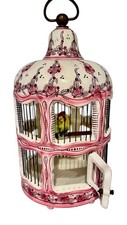 Vintage French Faince Porcelain Ceramic Birdcage Ceiling Hanging With Bird