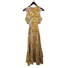 Aakaa Maxi Dress Small Floral Yellow Pink Cutout Tiered Ruffle Sleeveless Boho