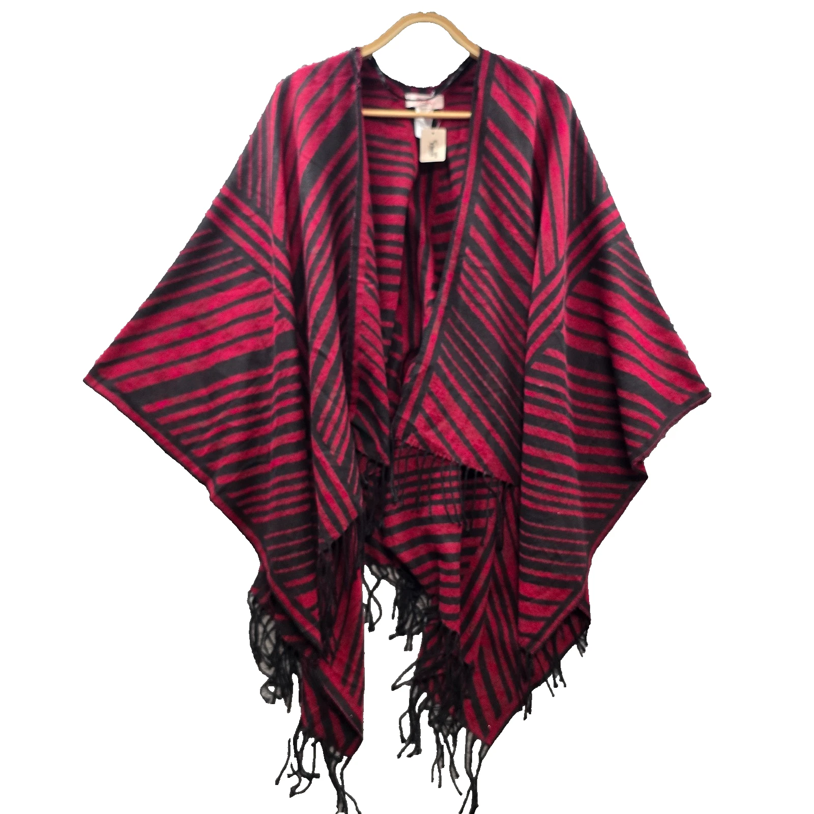 New Millers Poncho Womens Shawl One Size Fits All Red Black Stripe Fringe Hem