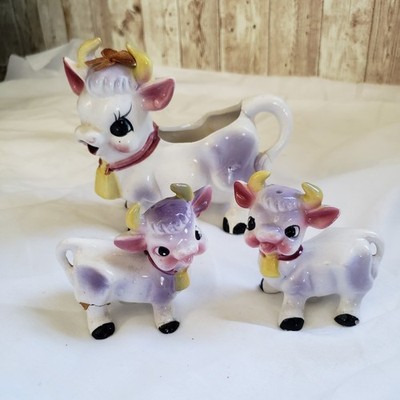 3 Vintage ELSIE the PURPLE COW & Calves Creamer, Salt & Pepper Set - See Discrip