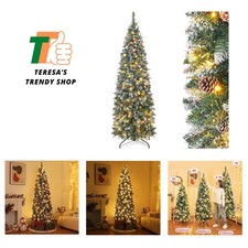 Pencil Christmas Tree 7 Foot Pre-Lit Artificial Christmas Tree with Flocked S...