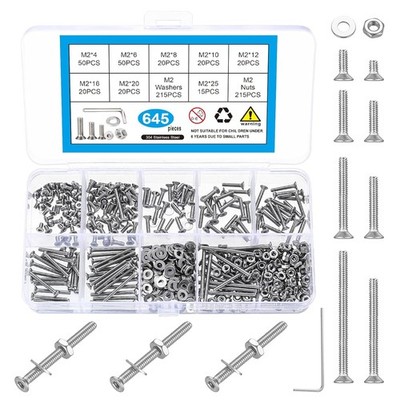 M2 M2.5 M3 Flat Head Hex Socket Cap Screws Bolts Nuts and Washers Assortment Kit