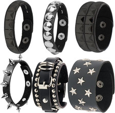 6 Pcs Punk Spike Bracelets Leather Studded Rivet Cuff Wristbands Rock Goth Style
