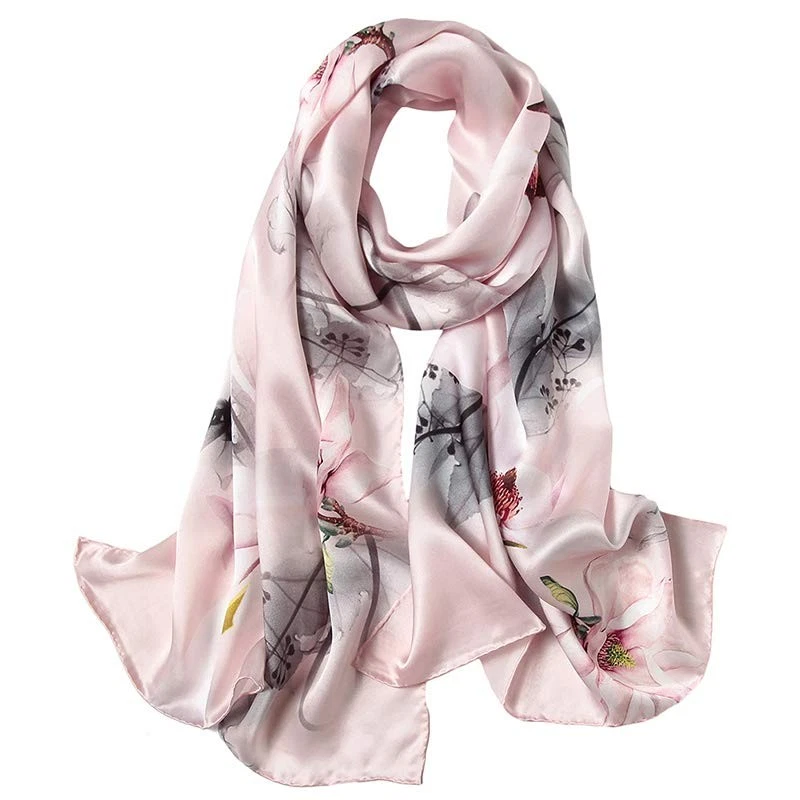 100 Mulberry Silk Scarfs Women Floral Print Satin Long Headscarf Hair Wraps Set