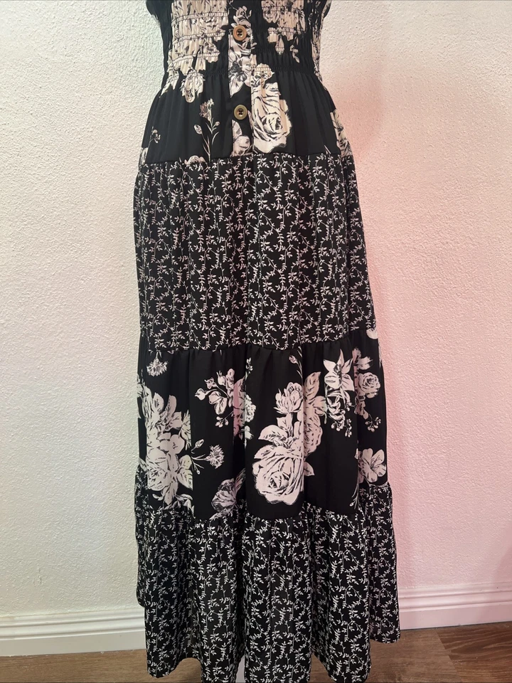 Maxi Vestido Lapislázuli Niveles Y2K S Negro Blanco Floral Cottagecore Boho Cintura Imperio Foto 4 de 4