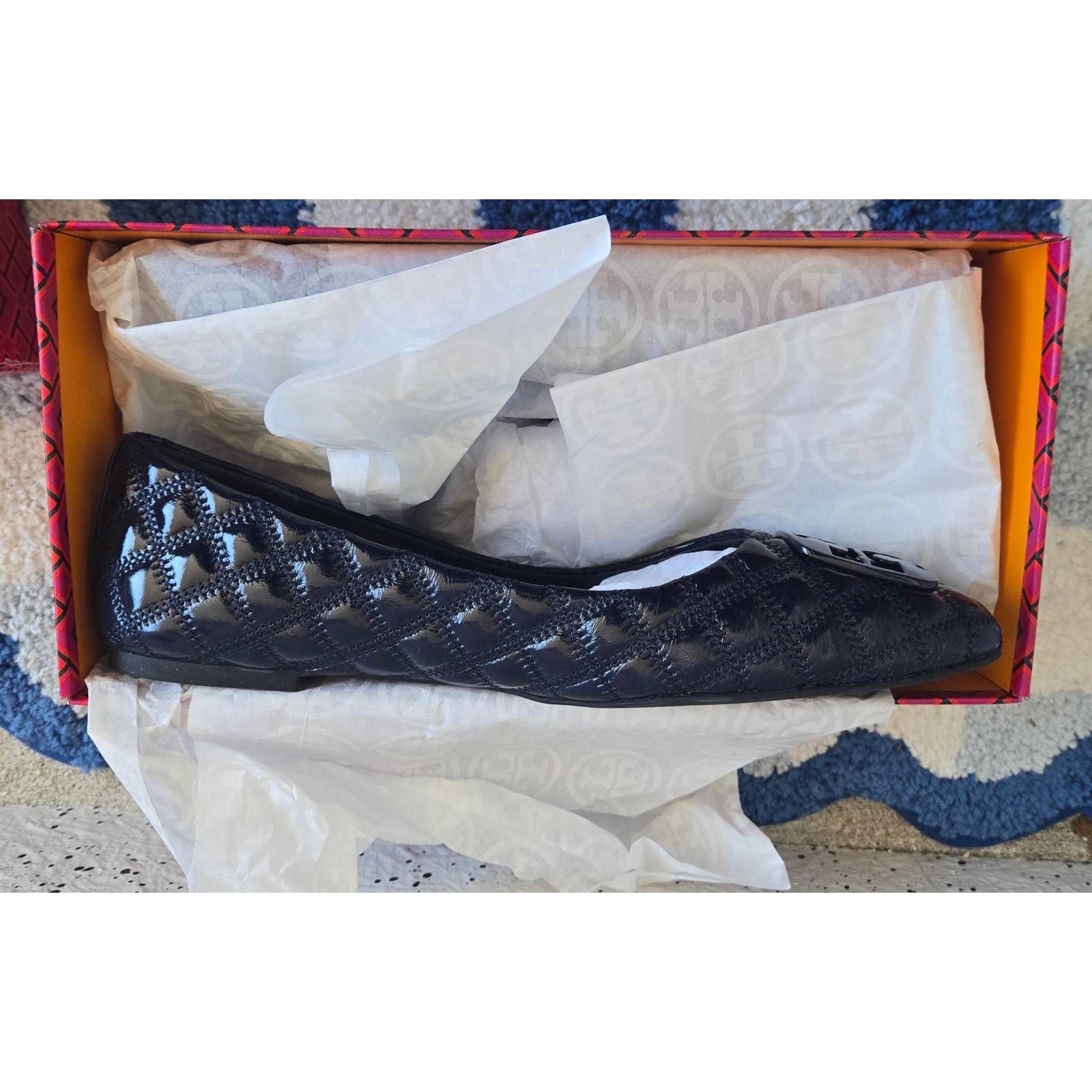 Tory Burch Georgia Quilted Ballet Flats Tory Navy Patent Leather 157447 Size 11