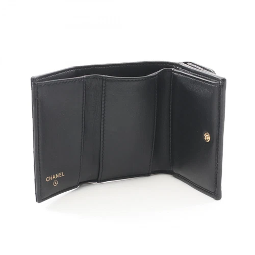 CHANEL Boy chanel Tri-fold wallet A84432 Lamb sheep leather Black Used Women GHW