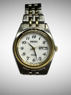 Seiko Solar Watch Women 25mm White Dial Two Tone Day Date Round V138-0AA0  Runs