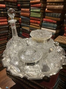 ABP: CUT GLASS: JEWELRY /POWDER BOXES: SILVER TRAY: 2 CUT COLOGNES: HOARE