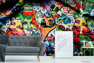 3D Graffiti Cat  Wallpaper Wall Mural Removable Self-adhesive Sticker2322