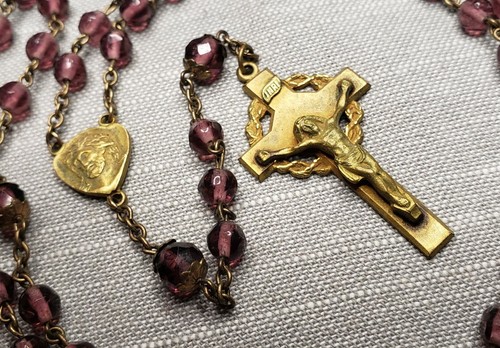 Vintage Rosary Mid Century Purple Glass Beads Christian H90