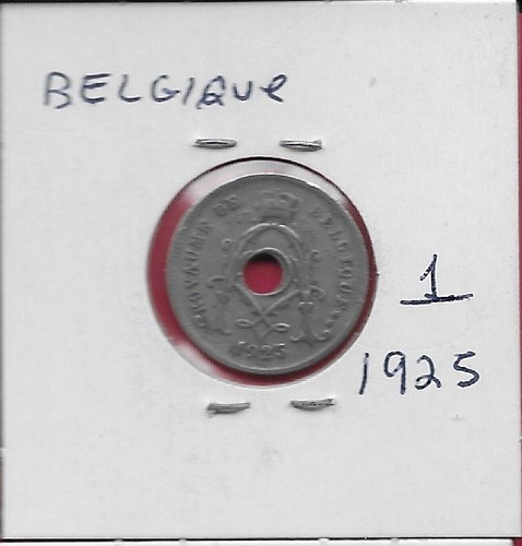 BELGIUM 5 CENTIMES 1925 BELGIQUE,CENTER HOLE WITHIN CROWNED MONOGRAM,DAT - Picture 2 of 2