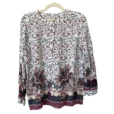LOFT Popover Blouse Floral Henley Top Womens LP Long Sleeve Maroon Blue White