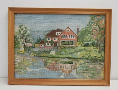 Nadelspitze Wandteppich Bild Haus am See Handarbeit 12,5'' x 16,5''