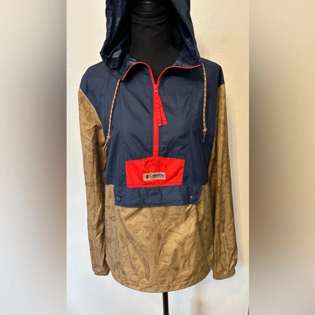 RARE Columbia Packable Kangaroo Pouch Rain Jacket w Unique Camp Pattern size SM