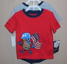 Under Armour Boys 12 Months 3 Piece Outfit Shirt Shorts Red Blue Freedom Peanut