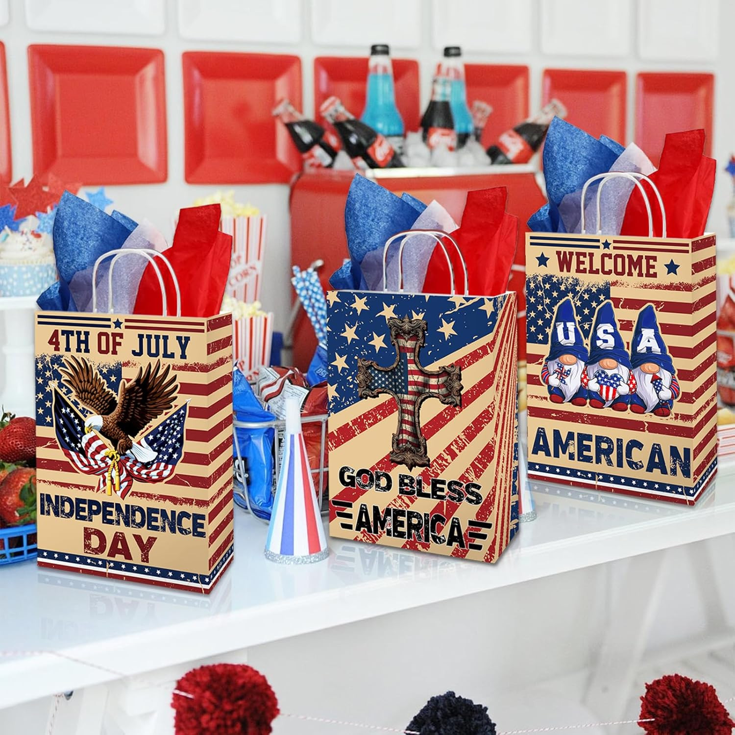 20 Pcs Patriotic Gift Bags 4Th of July Gift Bag with Tissue Paper American Flag 