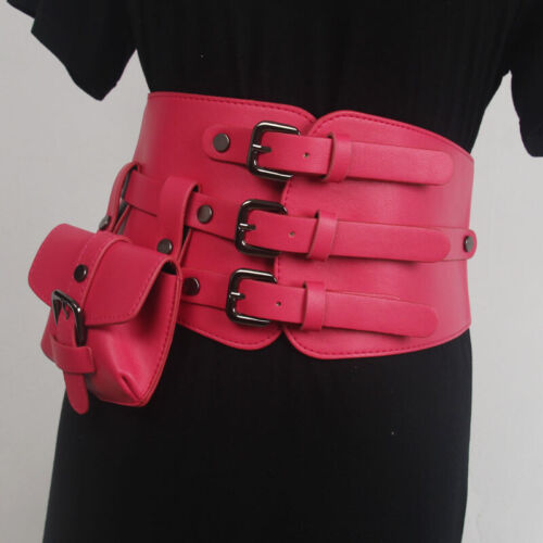 Lady Faux Leather Corset with Pocket Buckle Waist Belt Wide Waistband Punk Retro - Picture 5 of 17