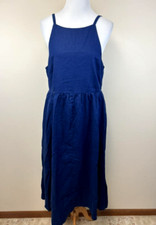 Lands End M Linen Sleeveless Midi Dress Dark Navy Chambray Pockets