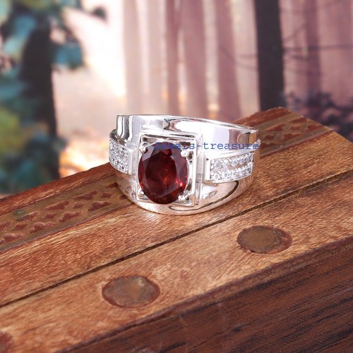 Bague Homme Argent 925 Avec Grenat Naturel Et Zircone - Viking, Taille Ajustable 4-15 US