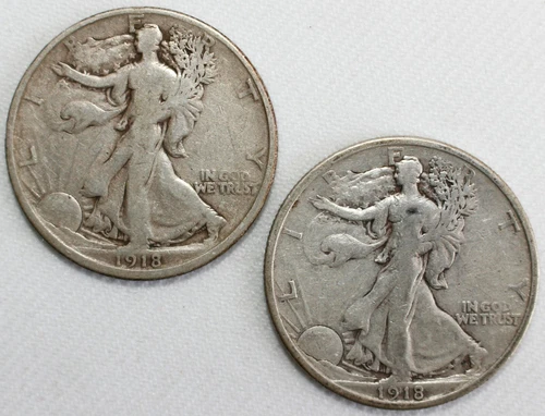 2 Coin Lot 1918 & 1918 D Walking Liberty Silver Half Dollars 50c US Coins F & VG