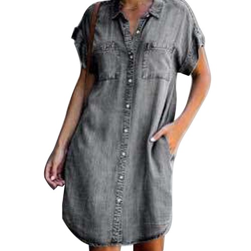 Sommerliches Midi-Jeanskleid Für Damen Kurzärmeliges Hemd Jeansklei ⊿ - Bild 8 von 13