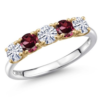 925 Silver and 10K Yellow Gold White Moissanite and Rhodolite Garnet
