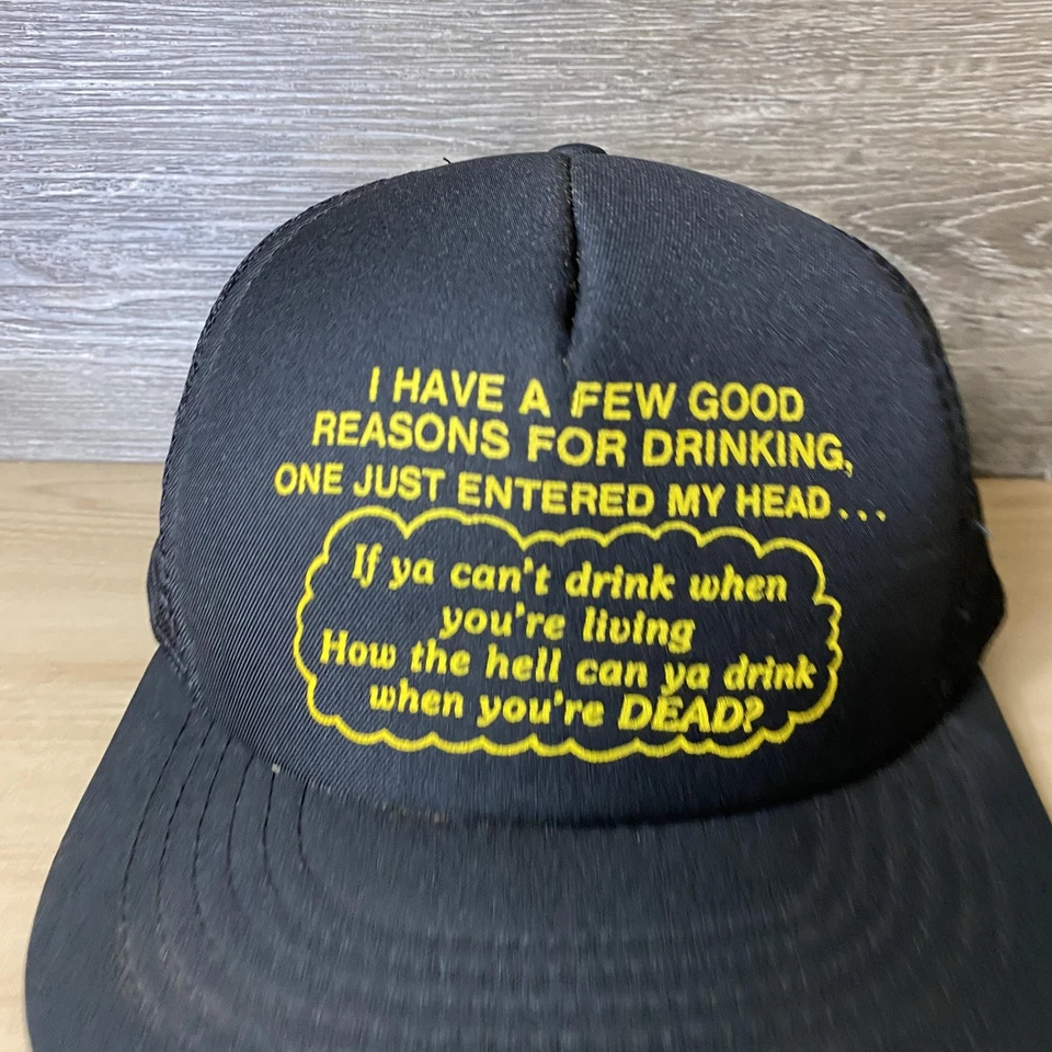 Vintage Funny Drinking Hat Cap Snap Back Black Mesh Trucker Slogan Mens 80s 90s - Image 2 of 4