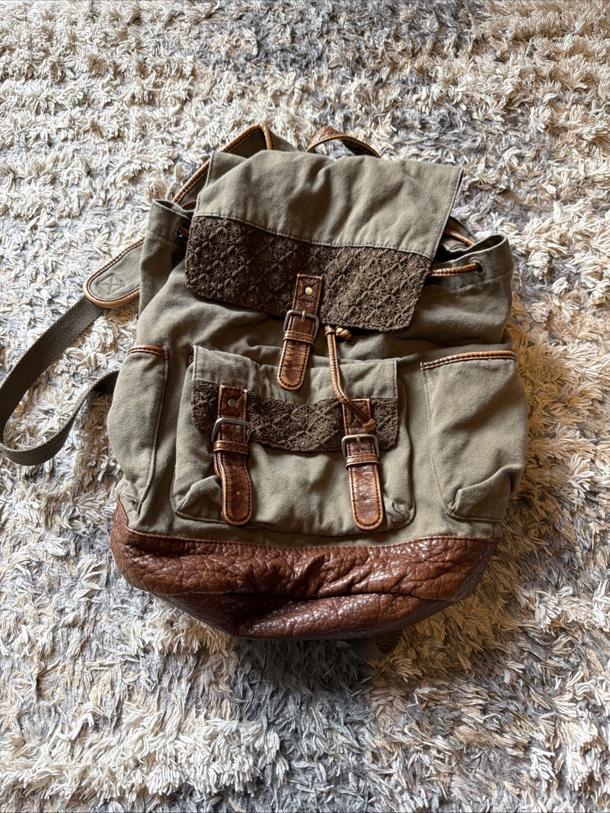 CAPE JUBY Bohemian Green & Brown Retro Canvas Faux Leather Rucksack